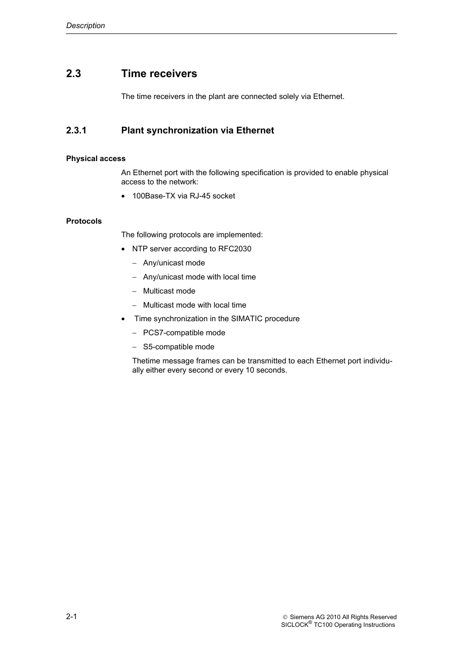 3 time receivers, 1 plant synchronization via ethernet, Time receivers | Plant synchronization via ethernet | Siemens Plant Central Clock TC100 User Manual | Page 17 / 124