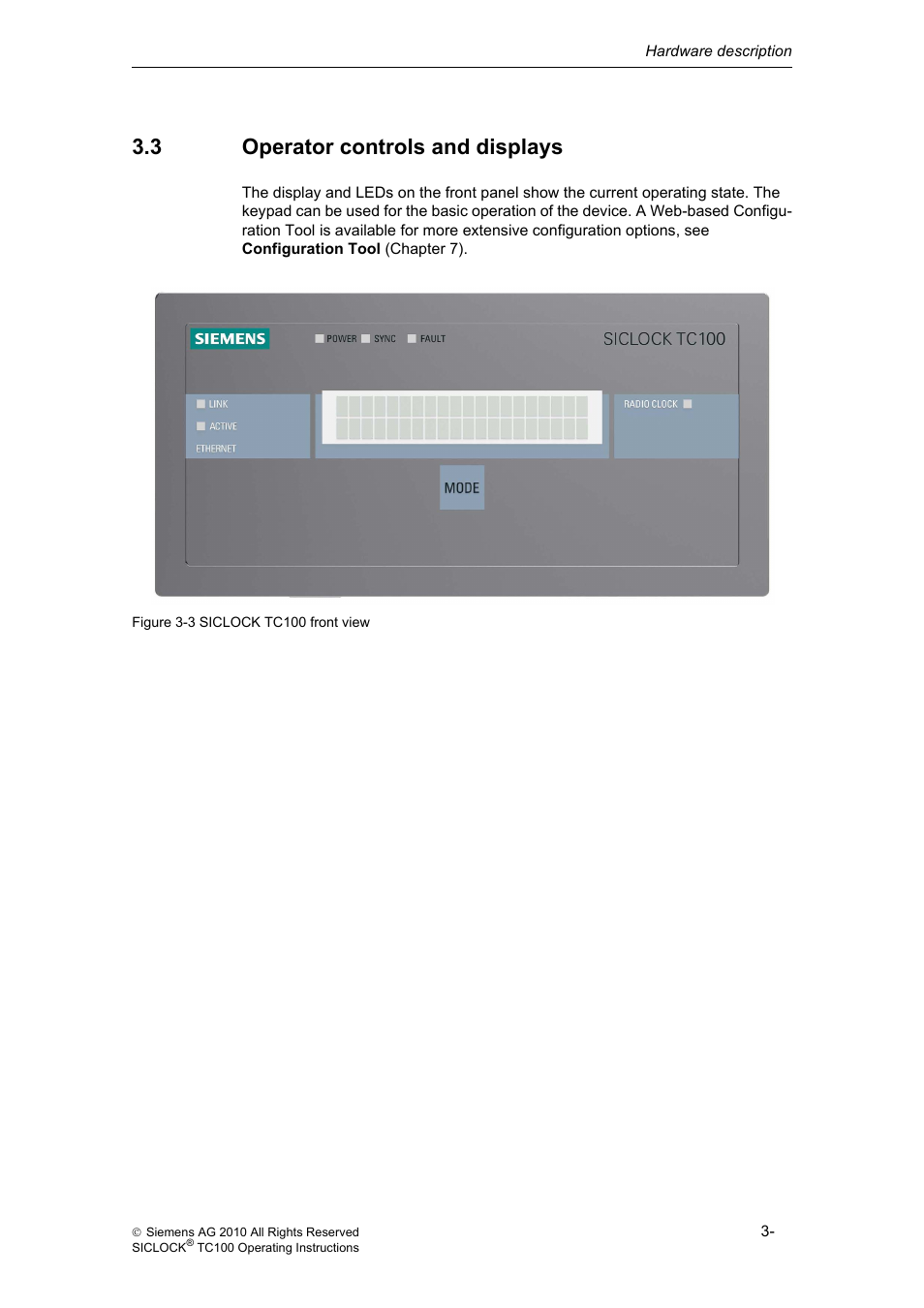 3 operator controls and displays, Operator controls and displays | Siemens Plant Central Clock TC100 User Manual | Page 22 / 124