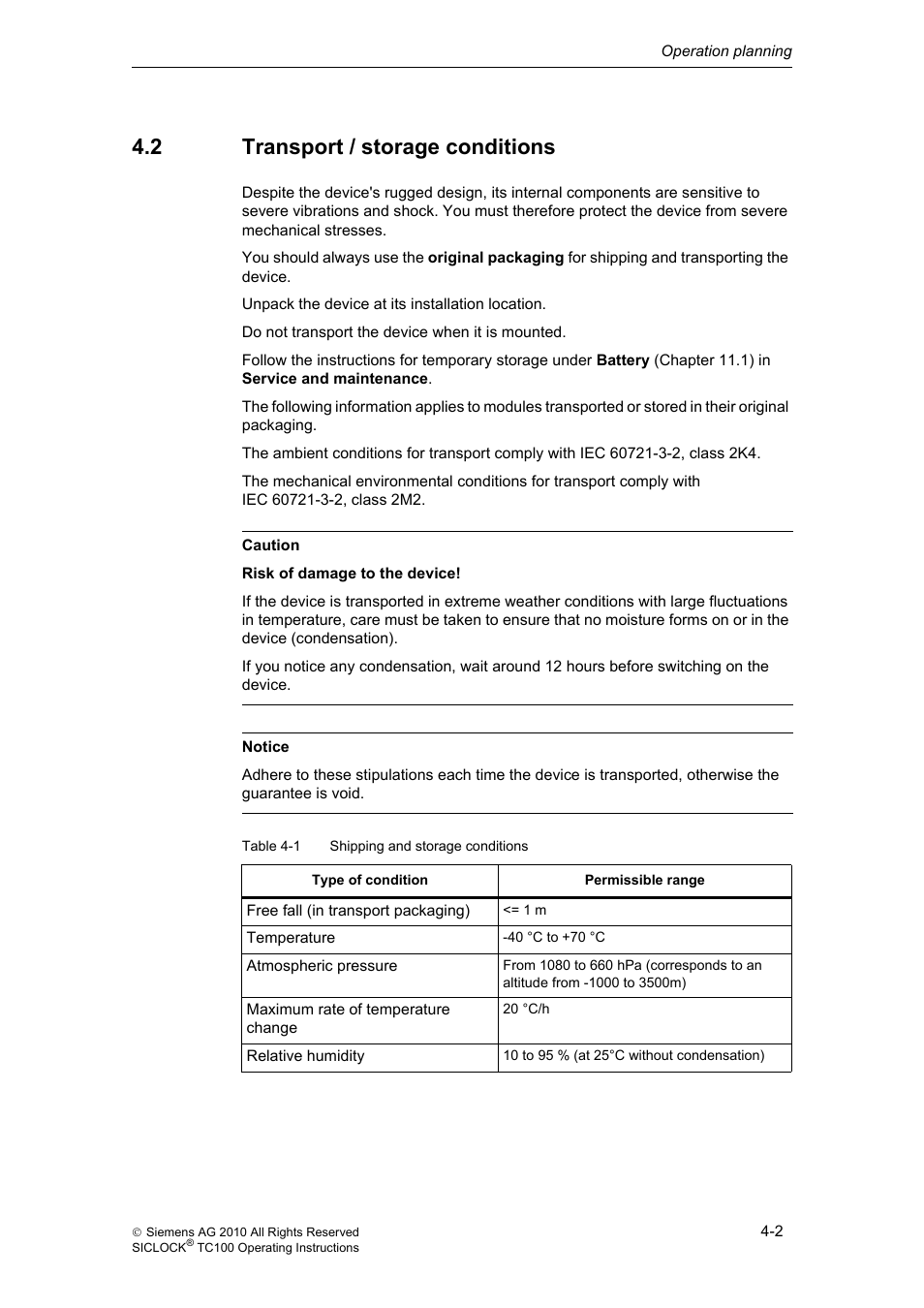 2 transport / storage conditions, Transport / storage conditions | Siemens Plant Central Clock TC100 User Manual | Page 28 / 124