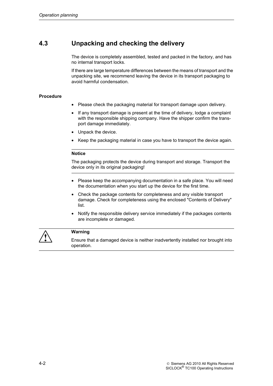 3 unpacking and checking the delivery, Unpacking and checking the delivery | Siemens Plant Central Clock TC100 User Manual | Page 29 / 124