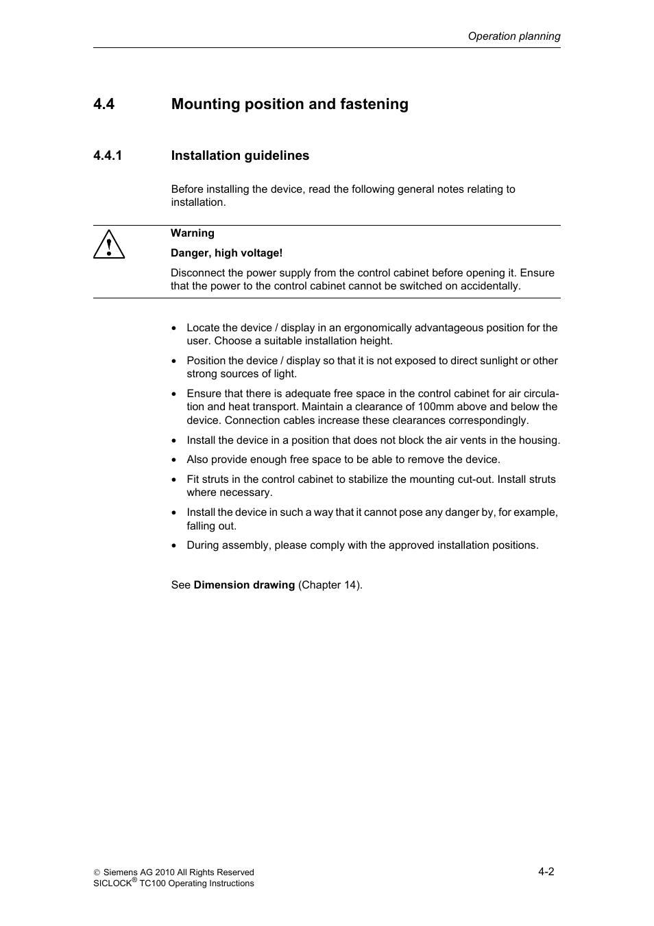 4 mounting position and fastening, 1 installation guidelines, Mounting position and fastening | Installation guidelines | Siemens Plant Central Clock TC100 User Manual | Page 30 / 124