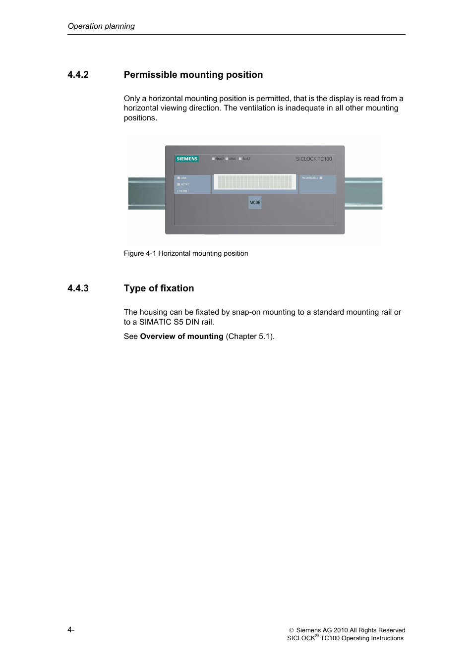 2 permissible mounting position, 3 type of fixation, Permissible mounting position | Type of fixation | Siemens Plant Central Clock TC100 User Manual | Page 31 / 124