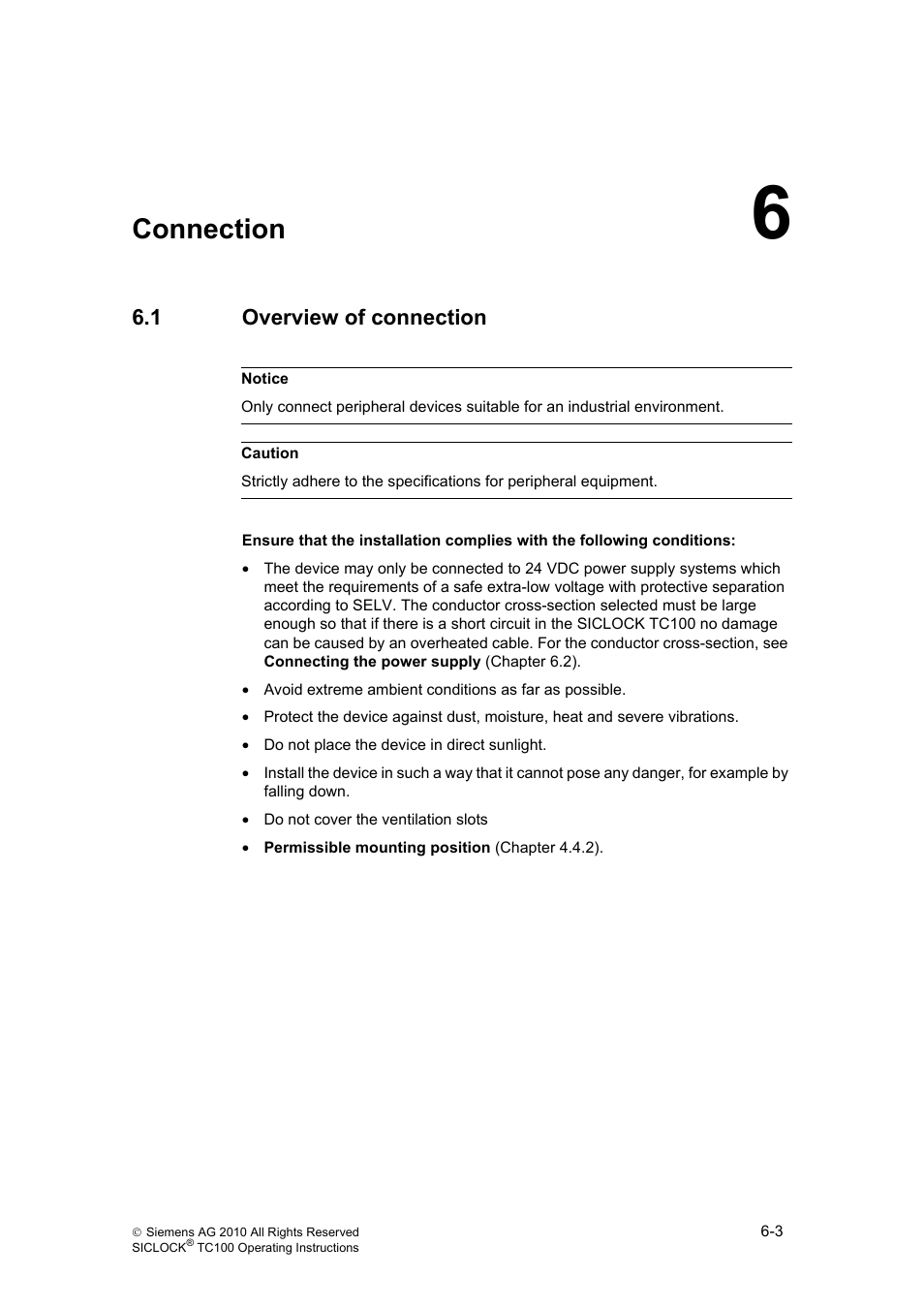 6 connection, 1 overview of connection, Connection | Overview of connection, Connection (chapter 6) | Siemens Plant Central Clock TC100 User Manual | Page 34 / 124