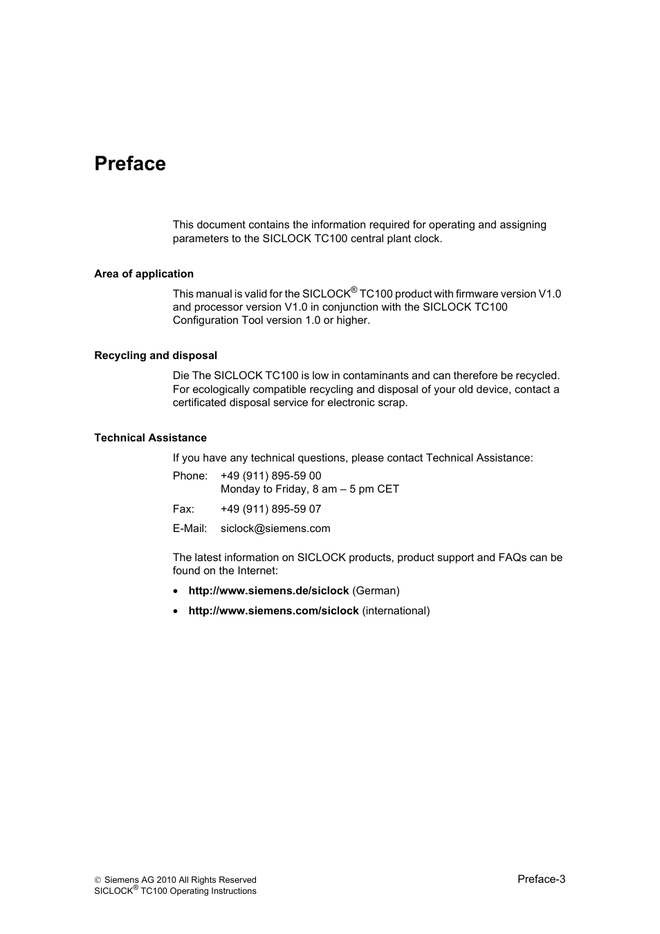 Preface, Preface, table of contents | Siemens Plant Central Clock TC100 User Manual | Page 4 / 124