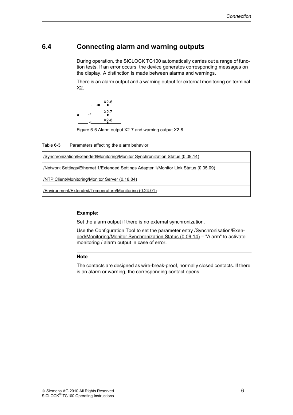 4 connecting alarm and warning outputs, Connecting alarm and warning outputs | Siemens Plant Central Clock TC100 User Manual | Page 42 / 124