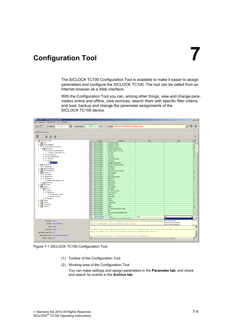 7 configuration tool, Configuration tool, Configuration tool (chapter 7) | Siemens Plant Central Clock TC100 User Manual | Page 44 / 124