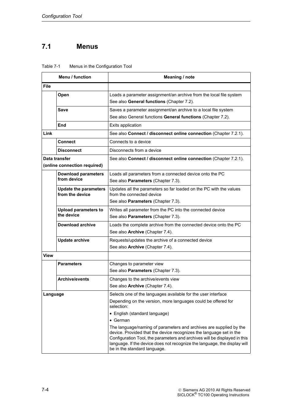 1 menus, Menus | Siemens Plant Central Clock TC100 User Manual | Page 47 / 124