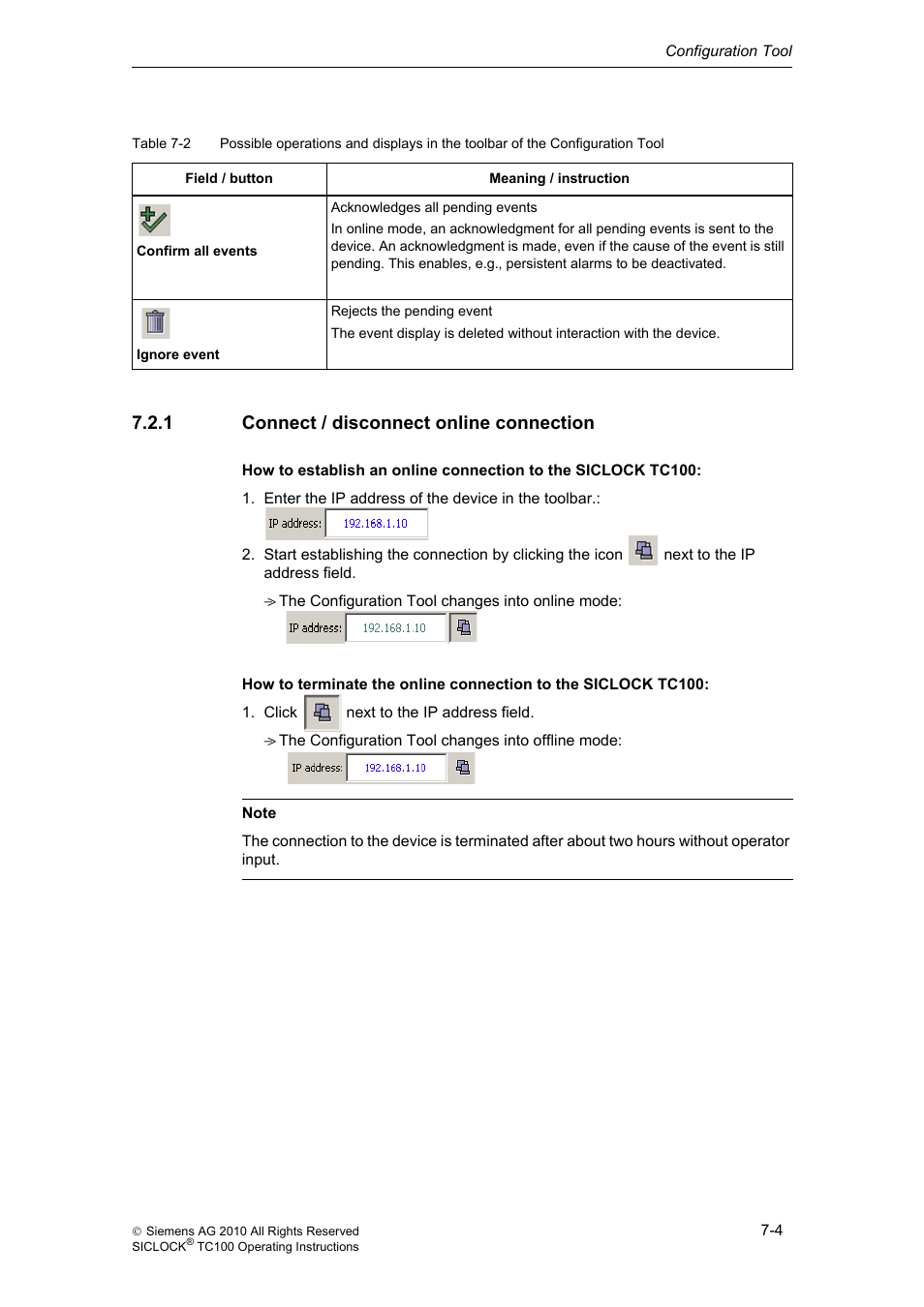 1 connect / disconnect online connection, Connect / disconnect online connection | Siemens Plant Central Clock TC100 User Manual | Page 50 / 124