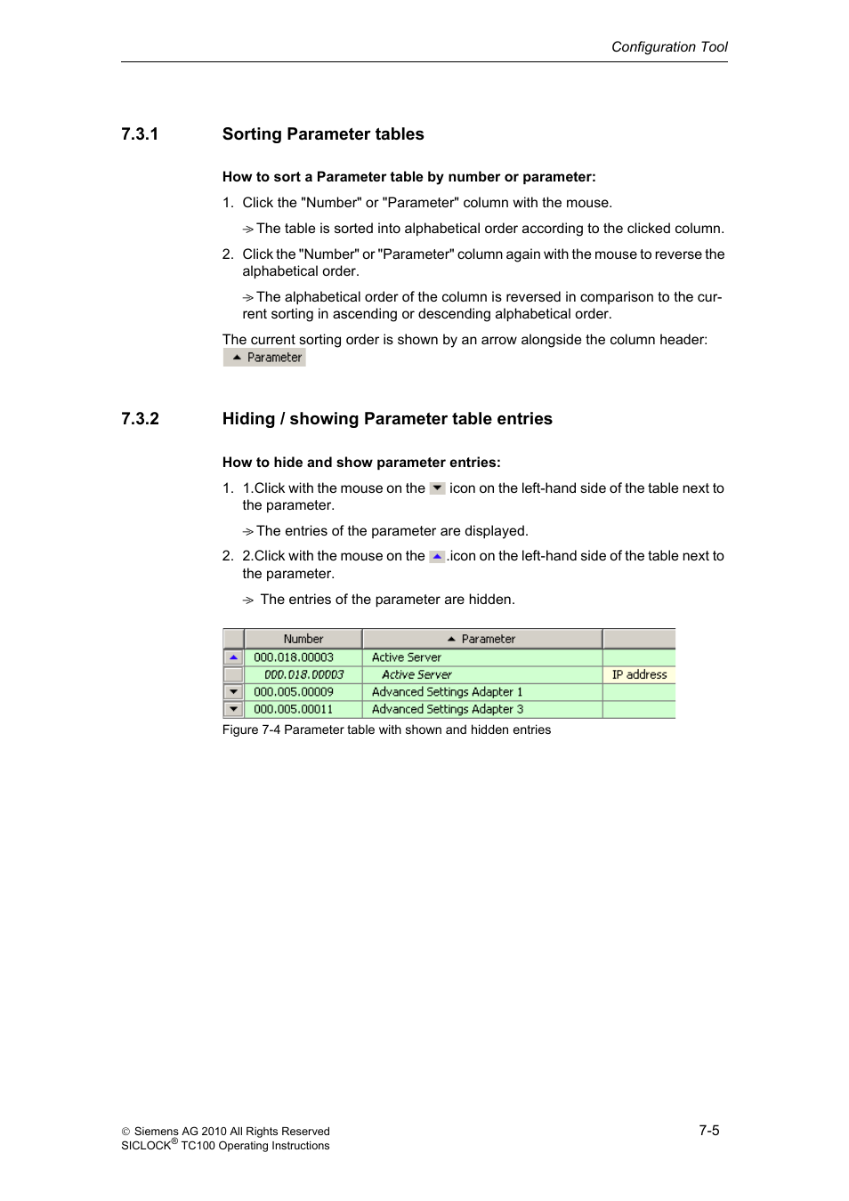 1 sorting parameter tables, 2 hiding / showing parameter table entries, Sorting parameter tables | Hiding / showing parameter table entries | Siemens Plant Central Clock TC100 User Manual | Page 56 / 124