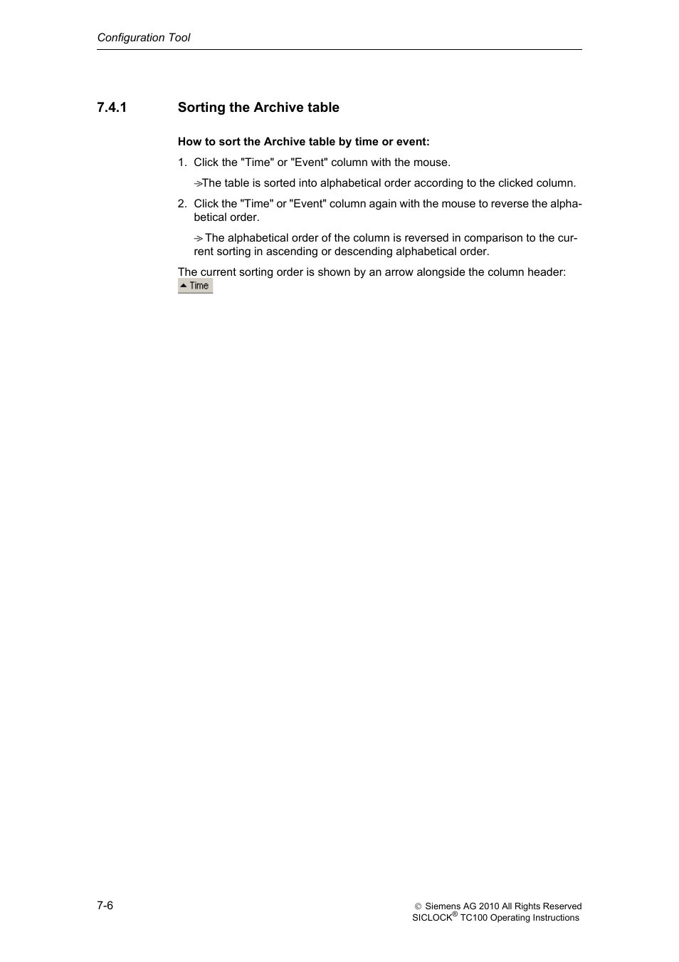 1 sorting the archive table, Sorting the archive table | Siemens Plant Central Clock TC100 User Manual | Page 63 / 124