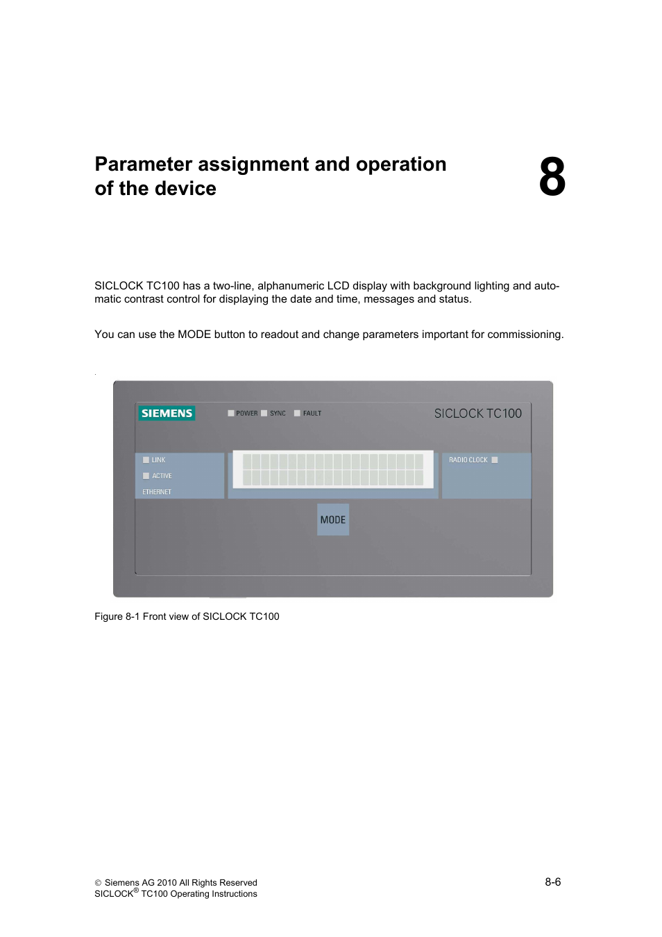 8 parameter assignment and operation of the device, Parameter assignment and operation, Of the device | Parameter assignment and operation of the device, Chapter 8) | Siemens Plant Central Clock TC100 User Manual | Page 68 / 124