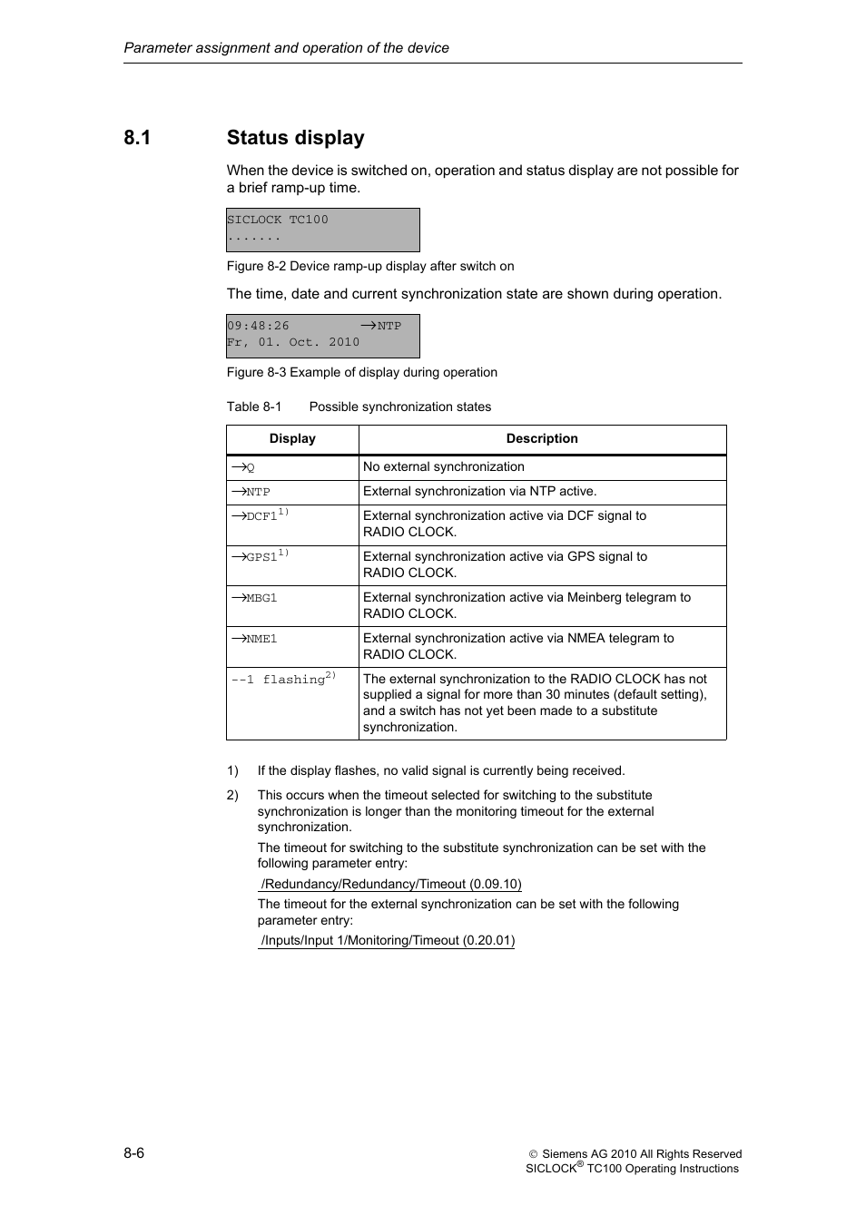 1 status display, Status display | Siemens Plant Central Clock TC100 User Manual | Page 69 / 124