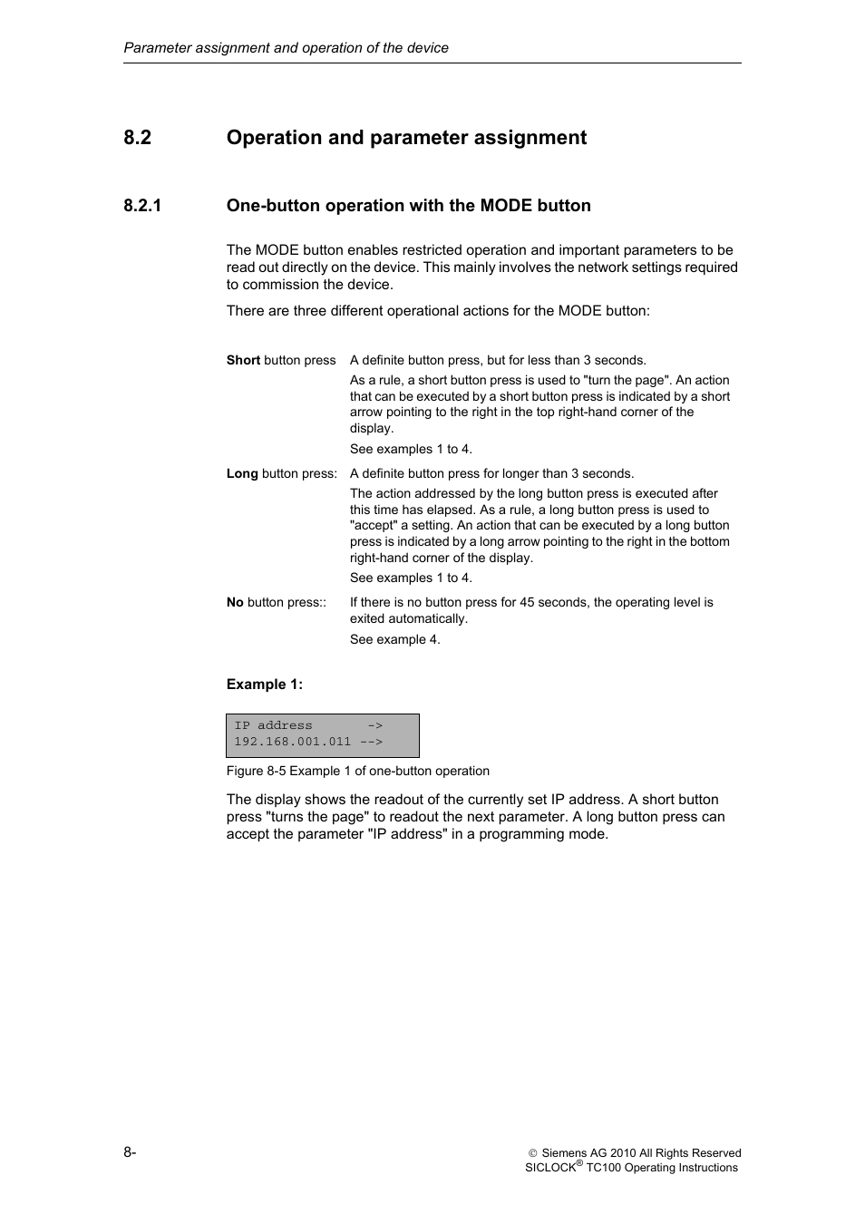 2 operation and parameter assignment, 1 one-button operation with the mode button, Operation and parameter assignment | One-button operation with the mode button | Siemens Plant Central Clock TC100 User Manual | Page 71 / 124