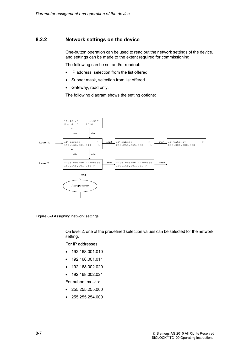 2 network settings on the device, Network settings on the device | Siemens Plant Central Clock TC100 User Manual | Page 73 / 124