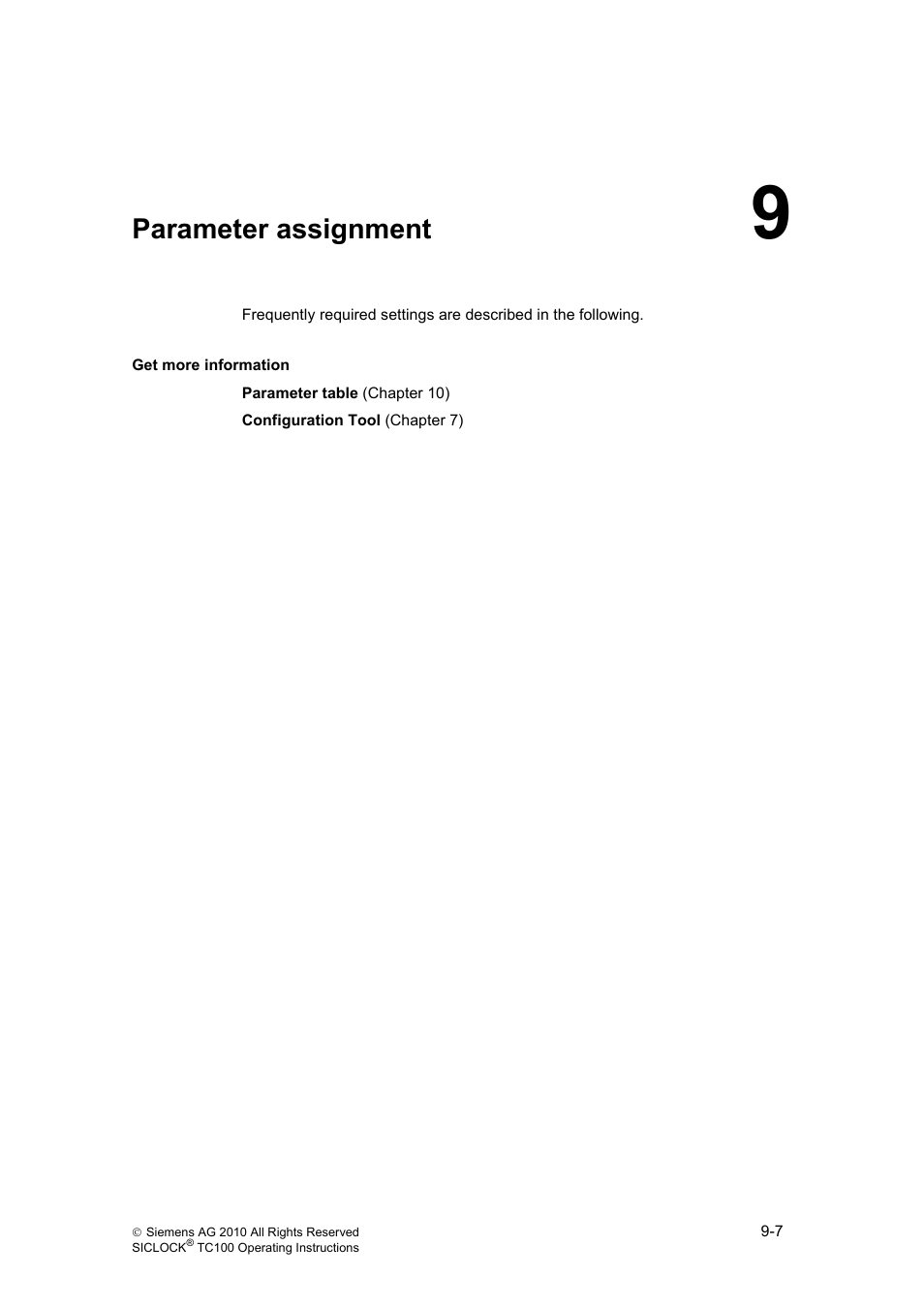 9 parameter assignment, Parameter assignment, Parameter assignment (chapter 9) | Siemens Plant Central Clock TC100 User Manual | Page 76 / 124