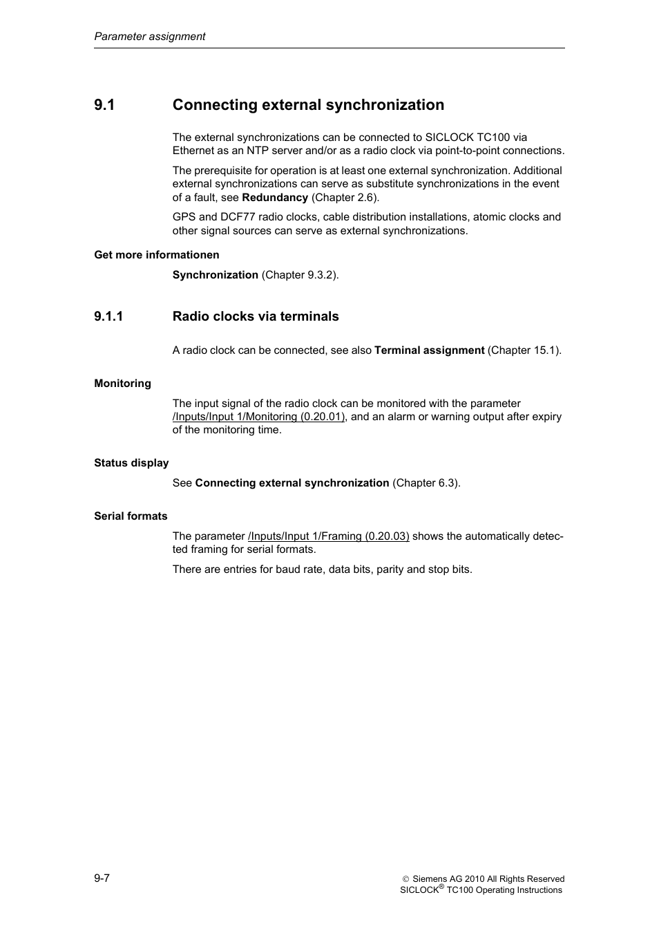 1 connecting external synchronization, 1 radio clocks via terminals, Connecting external synchronization | Radio clocks via terminals | Siemens Plant Central Clock TC100 User Manual | Page 77 / 124