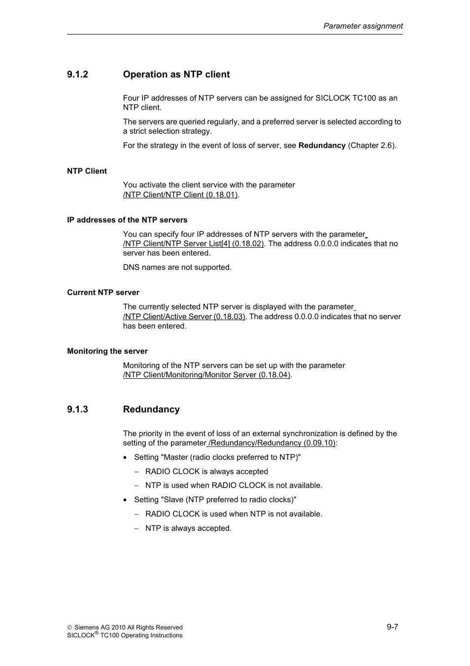 2 operation as ntp client, 3 redundancy, Operation as ntp client | Redundancy | Siemens Plant Central Clock TC100 User Manual | Page 78 / 124