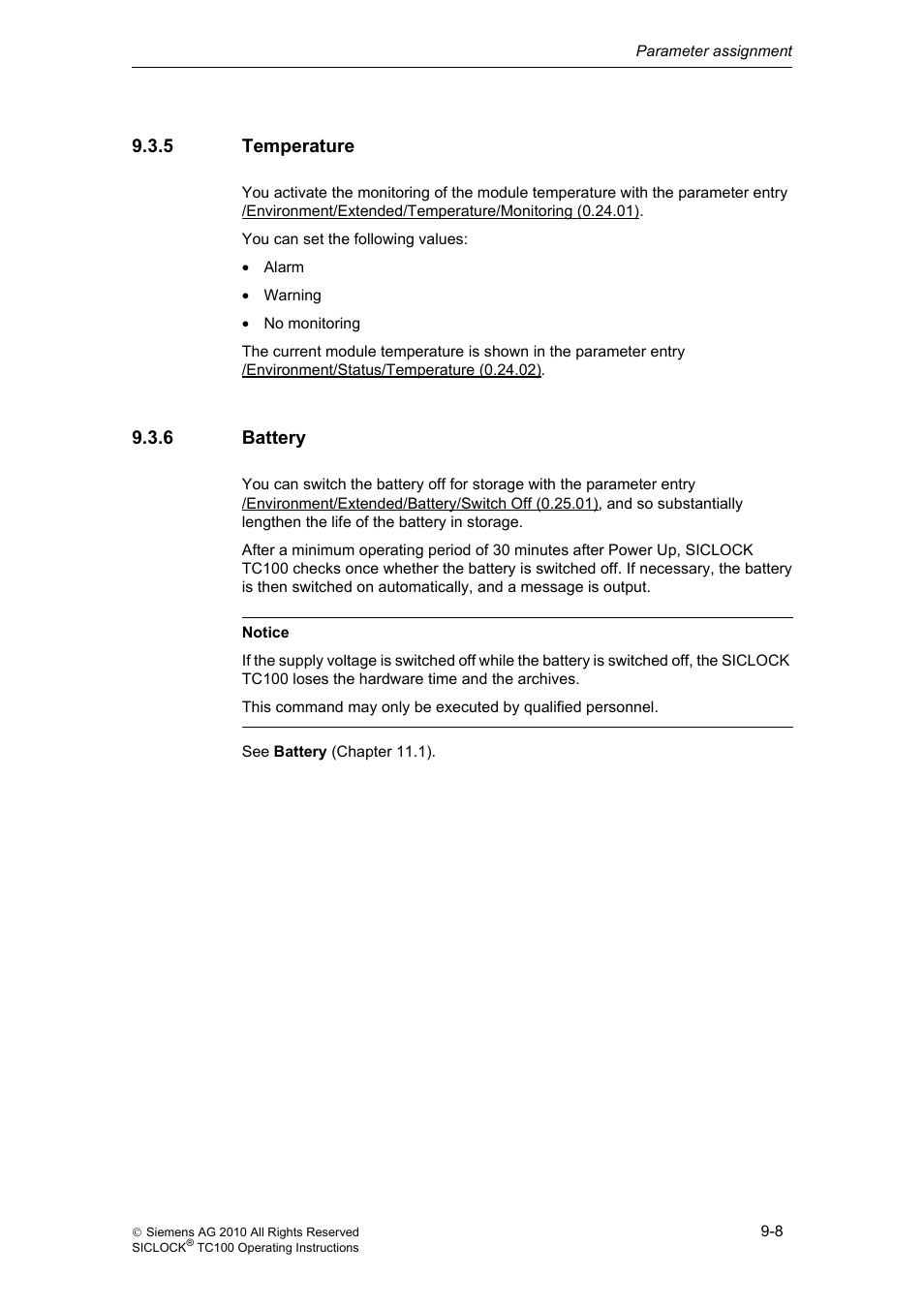 5 temperature, 6 battery, Temperature | Battery | Siemens Plant Central Clock TC100 User Manual | Page 84 / 124