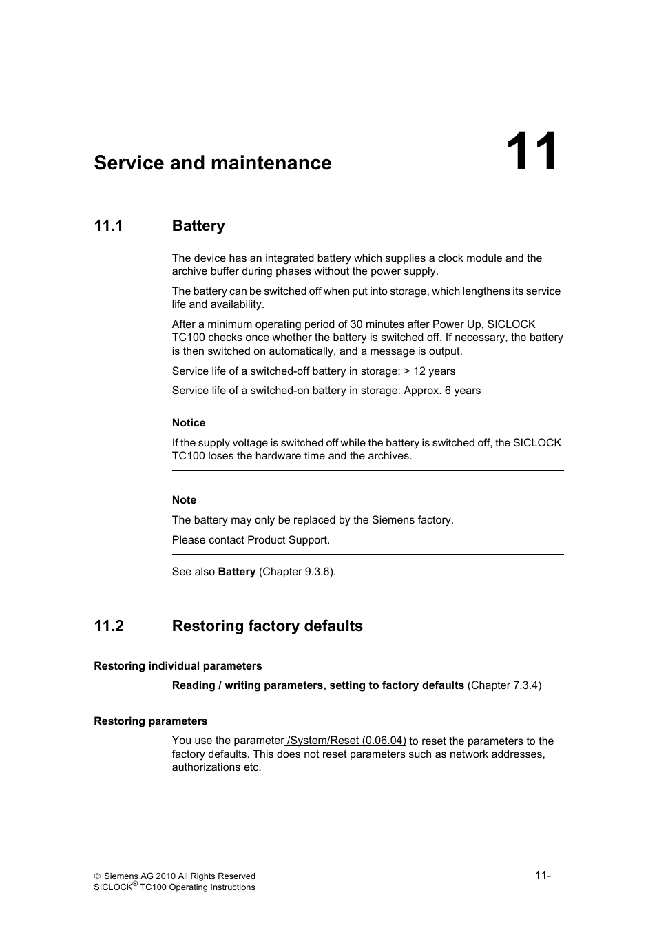 11 service and maintenance, 1 battery, 2 restoring factory defaults | Service and maintenance, Battery, Restoring factory defaults | Siemens Plant Central Clock TC100 User Manual | Page 92 / 124