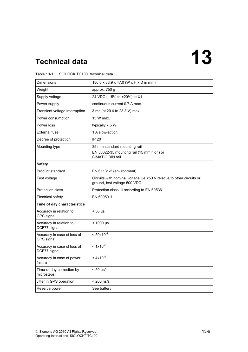 13 technical data, Technical data | Siemens Plant Central Clock TC100 User Manual | Page 98 / 124