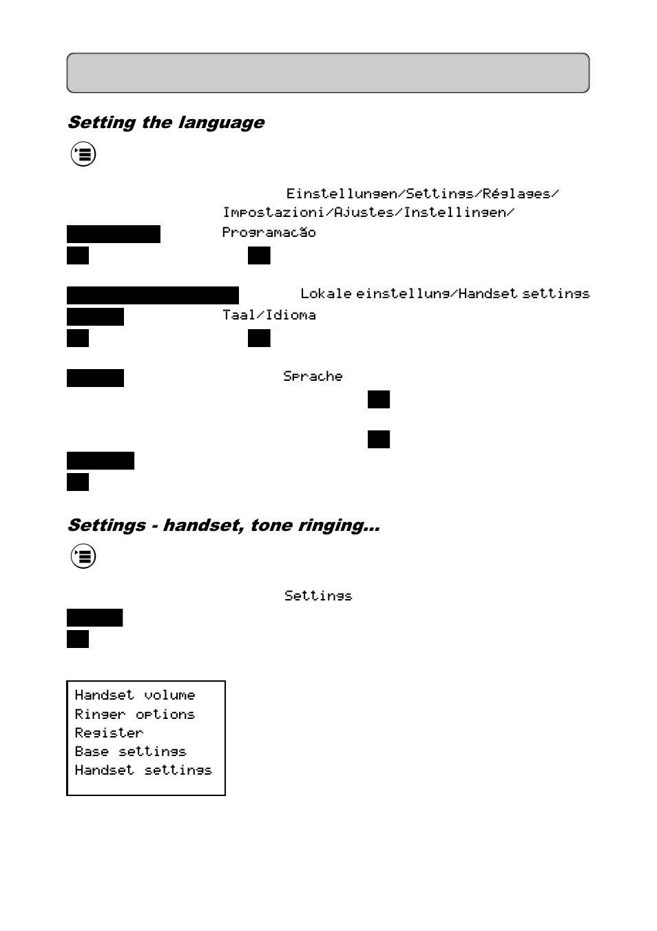 Setting the language, Settings - handset, tone ringing, Settings | Overview - settings | Siemens Hicom 300E User Manual | Page 40 / 48