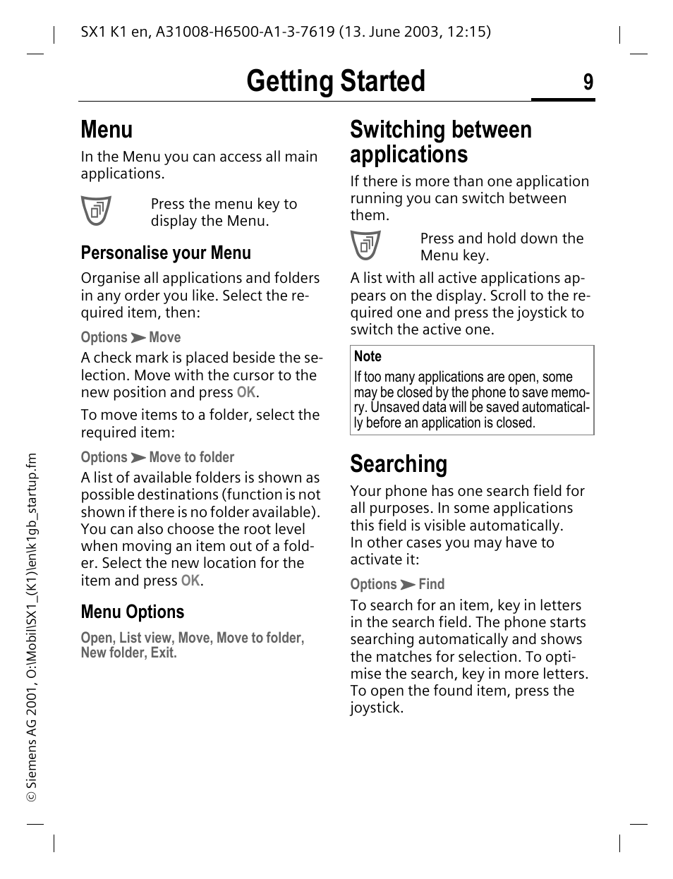 Menu, Searching, Getting started | Switching between applications | Siemens SX1 User Manual | Page 10 / 103