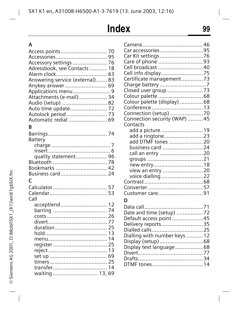 Index | Siemens SX1 User Manual | Page 100 / 103