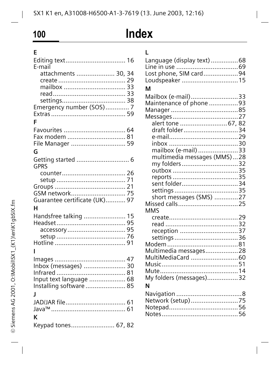 Index | Siemens SX1 User Manual | Page 101 / 103