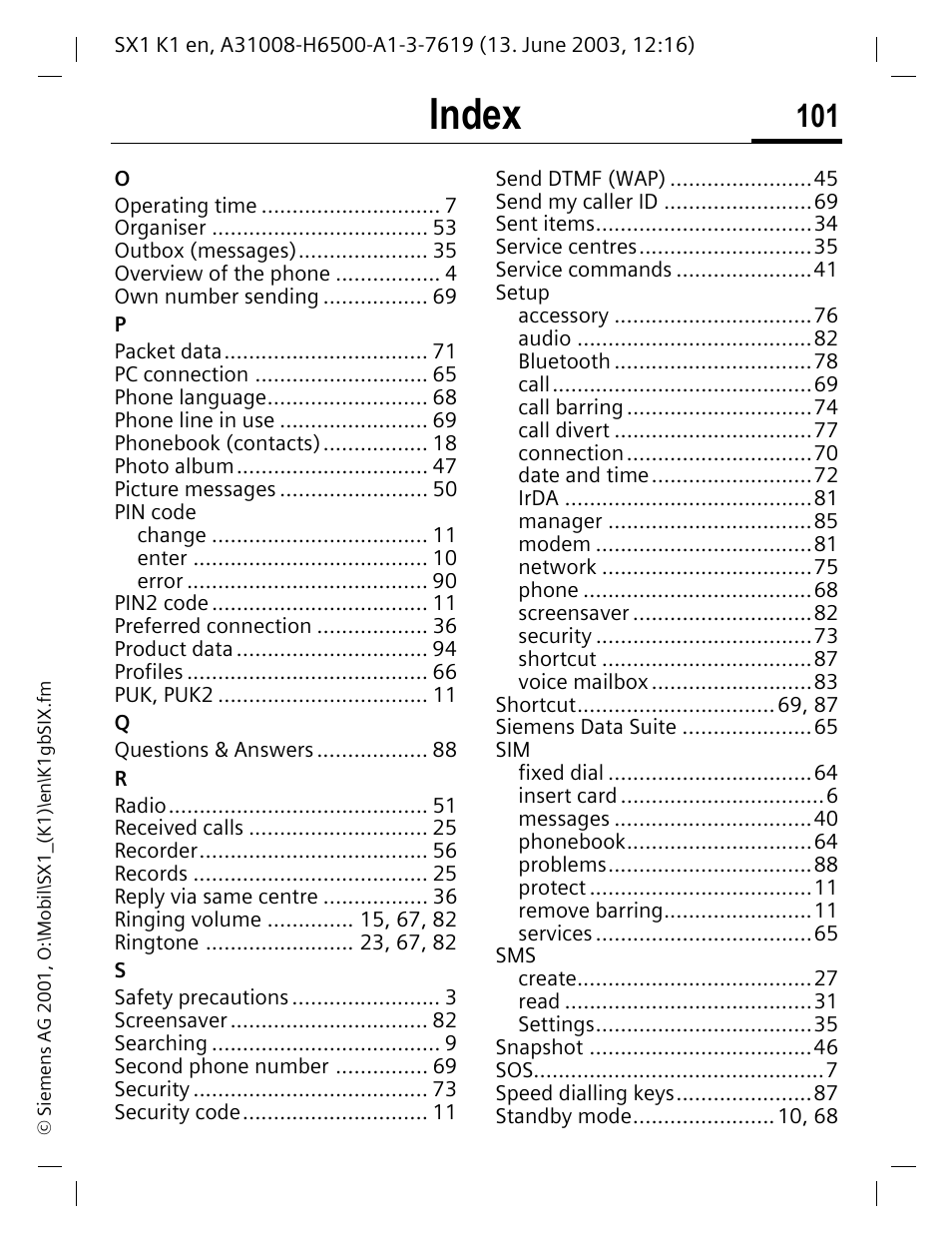 Index | Siemens SX1 User Manual | Page 102 / 103