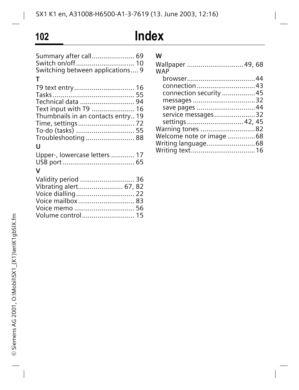 Index | Siemens SX1 User Manual | Page 103 / 103