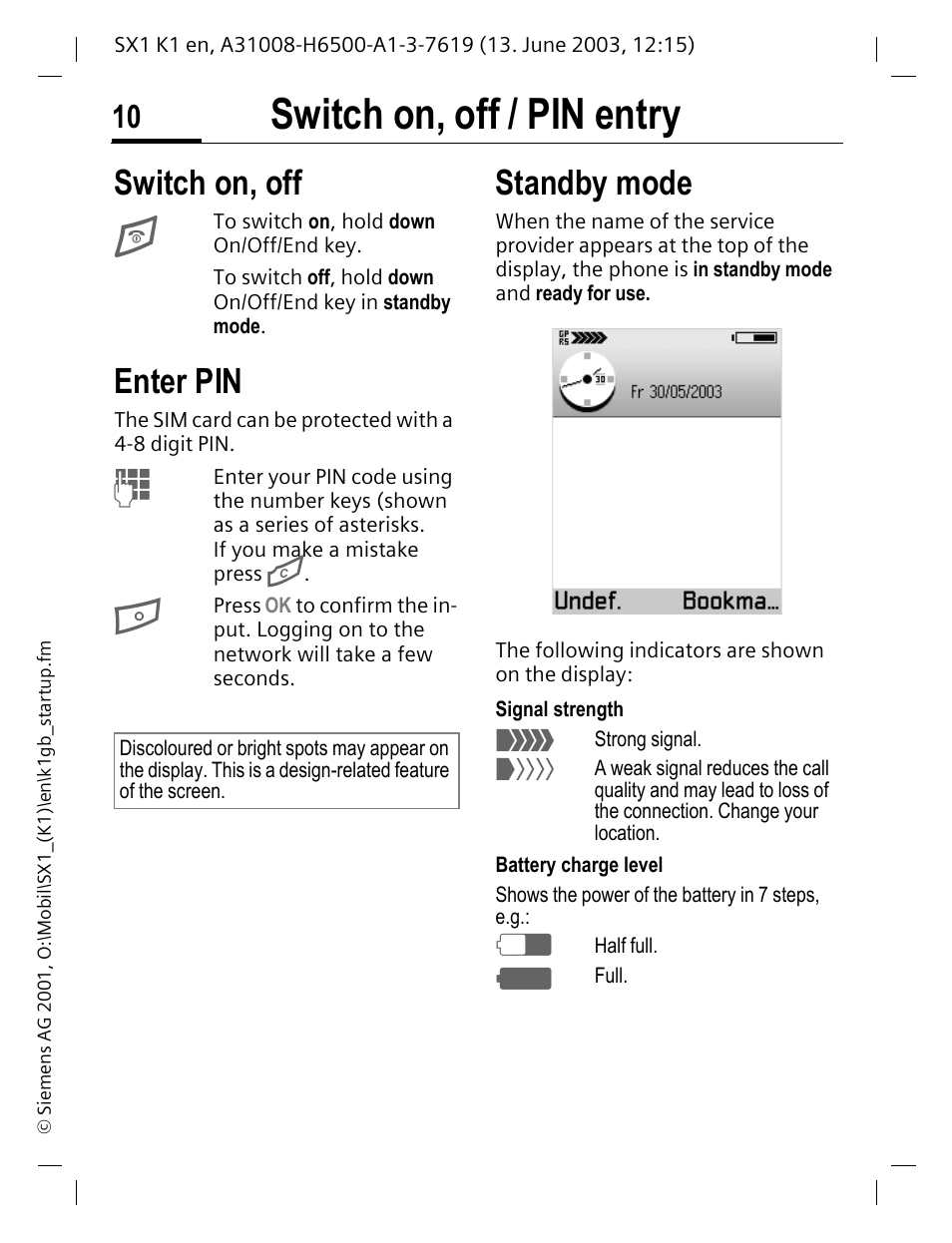 Switch on, off / pin entry, Standby mode, Switch on, off | Enter pin | Siemens SX1 User Manual | Page 11 / 103