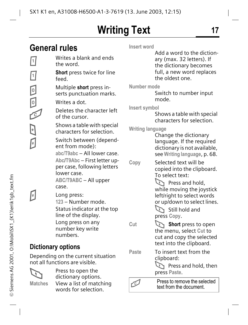 Writing text, General rules | Siemens SX1 User Manual | Page 18 / 103