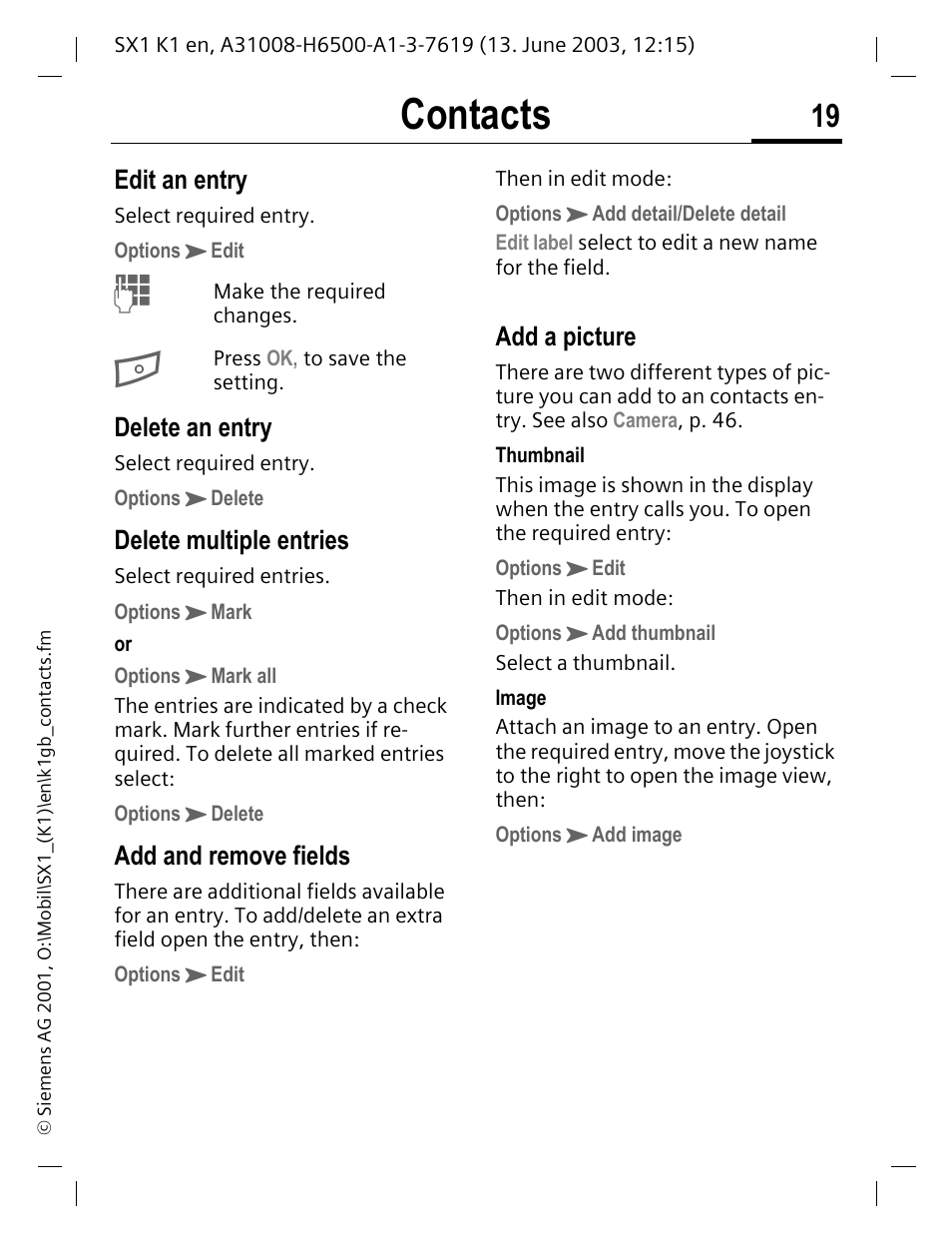 Contacts | Siemens SX1 User Manual | Page 20 / 103