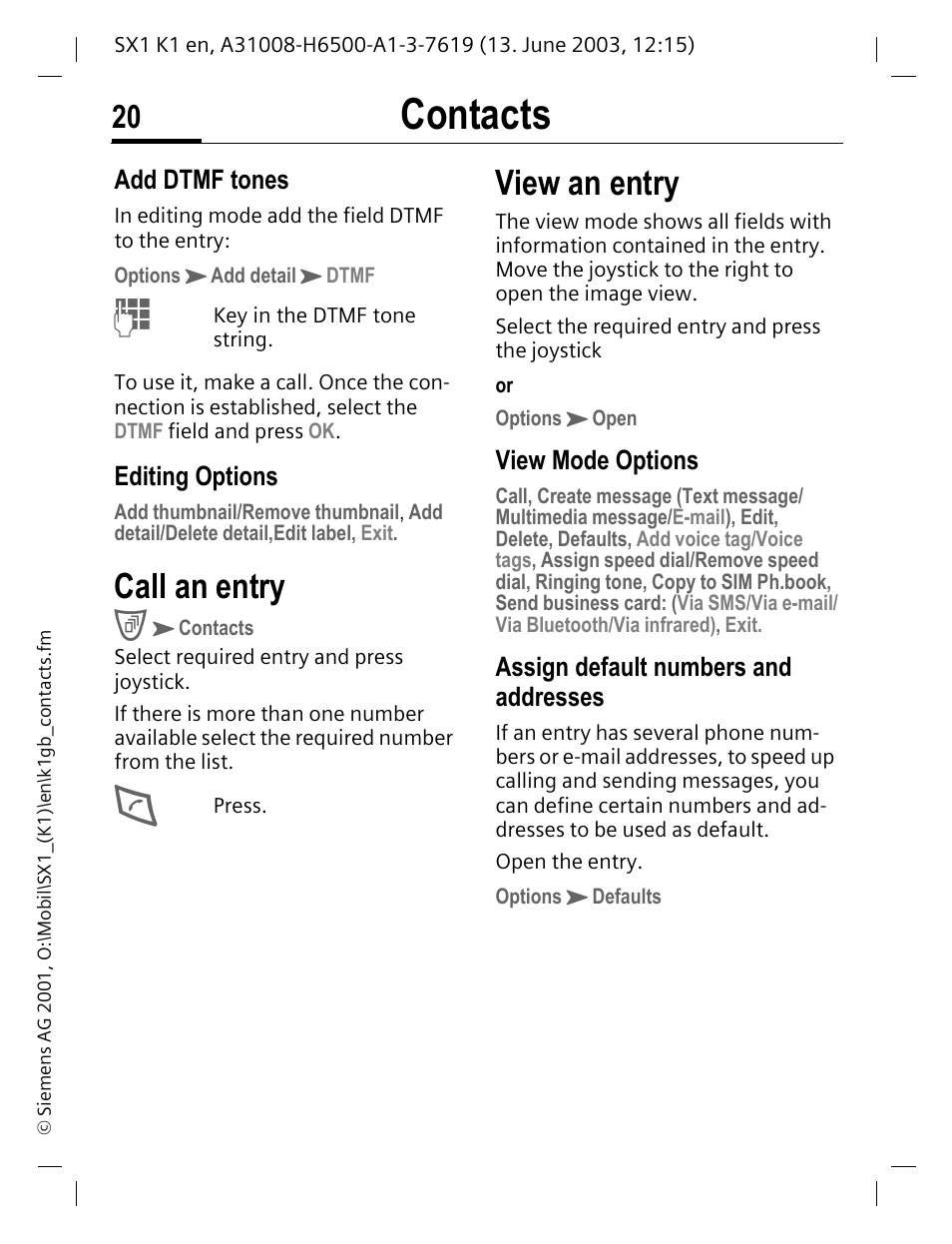 Call an entry, View an entry, Contacts | Siemens SX1 User Manual | Page 21 / 103