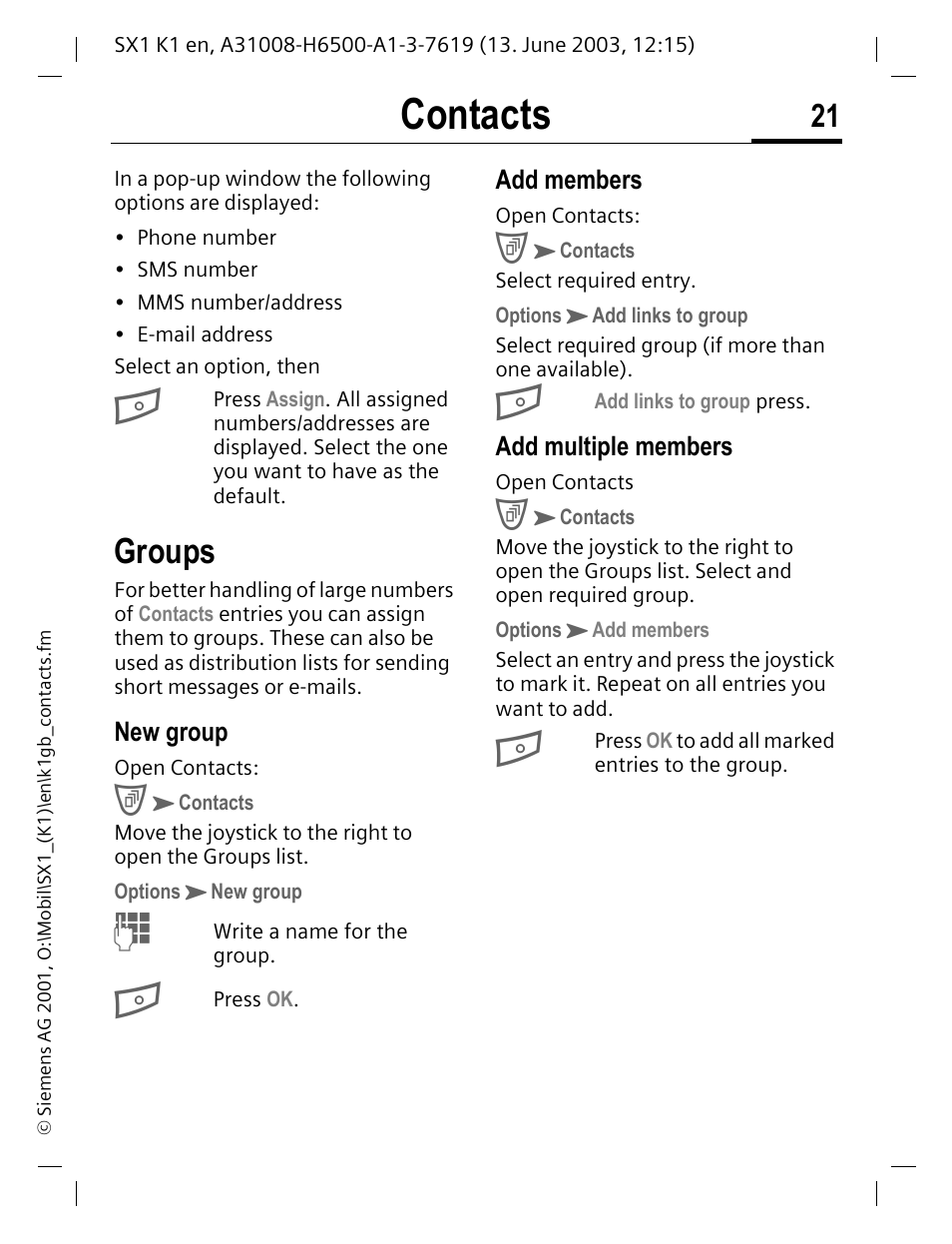 Groups, Contacts | Siemens SX1 User Manual | Page 22 / 103