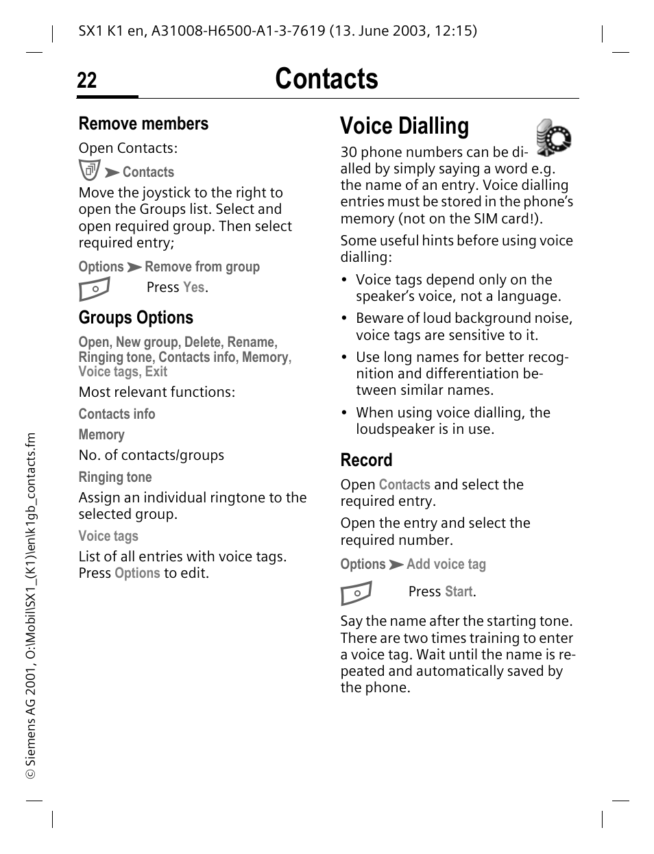 Voice dialling, Contacts, Remove members | Groups options, Record | Siemens SX1 User Manual | Page 23 / 103