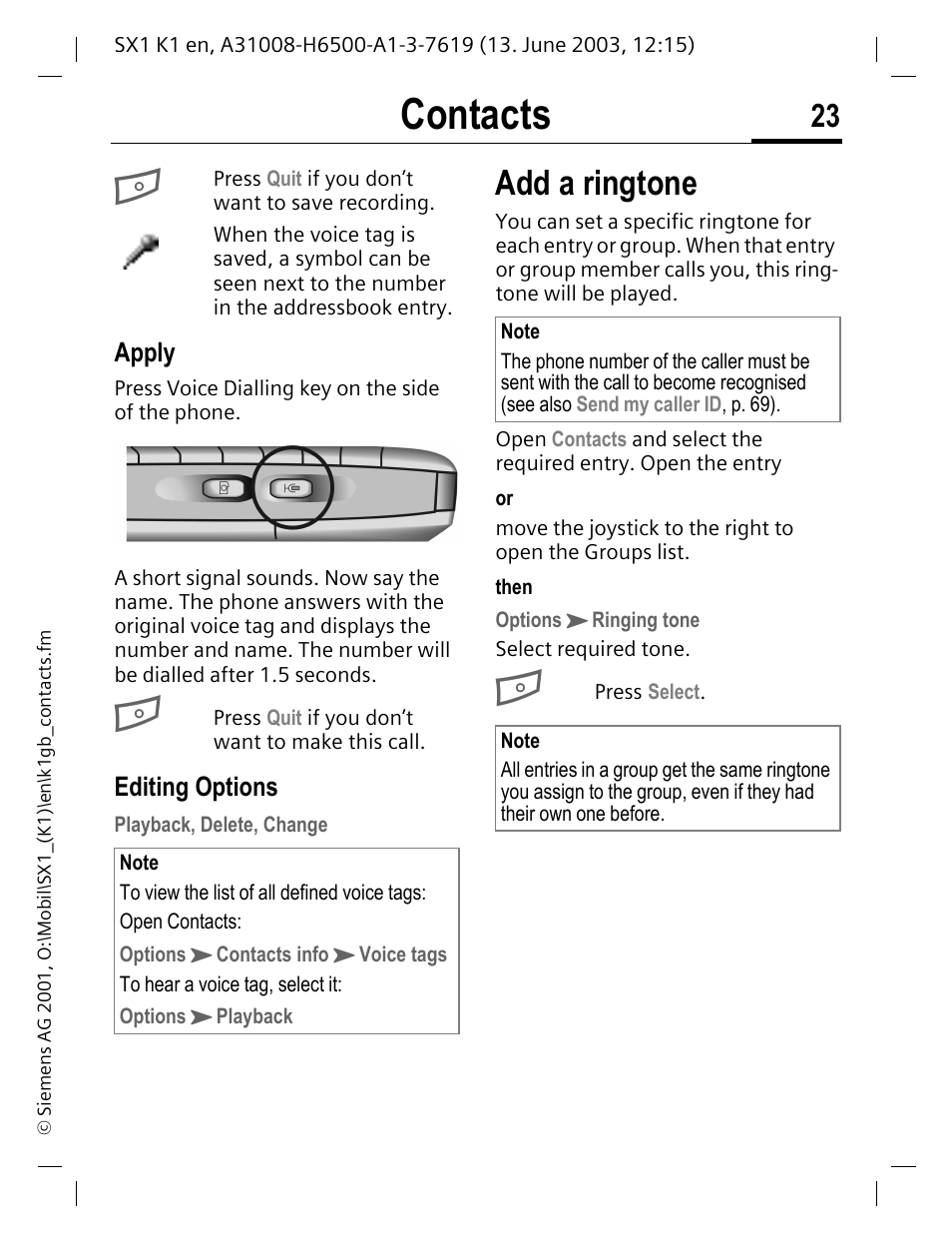 Add a ringtone, Contacts | Siemens SX1 User Manual | Page 24 / 103