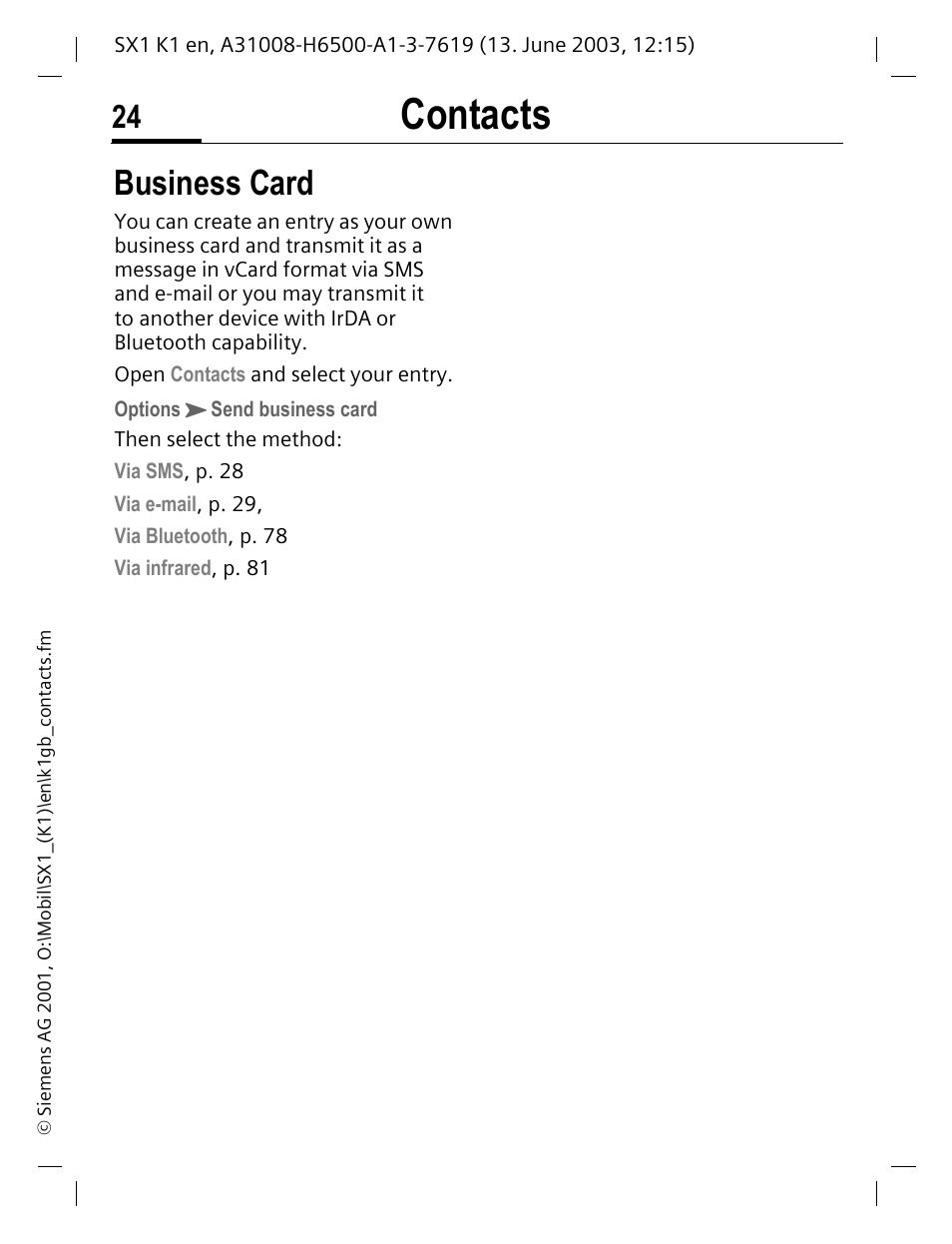 Business card, Contacts | Siemens SX1 User Manual | Page 25 / 103