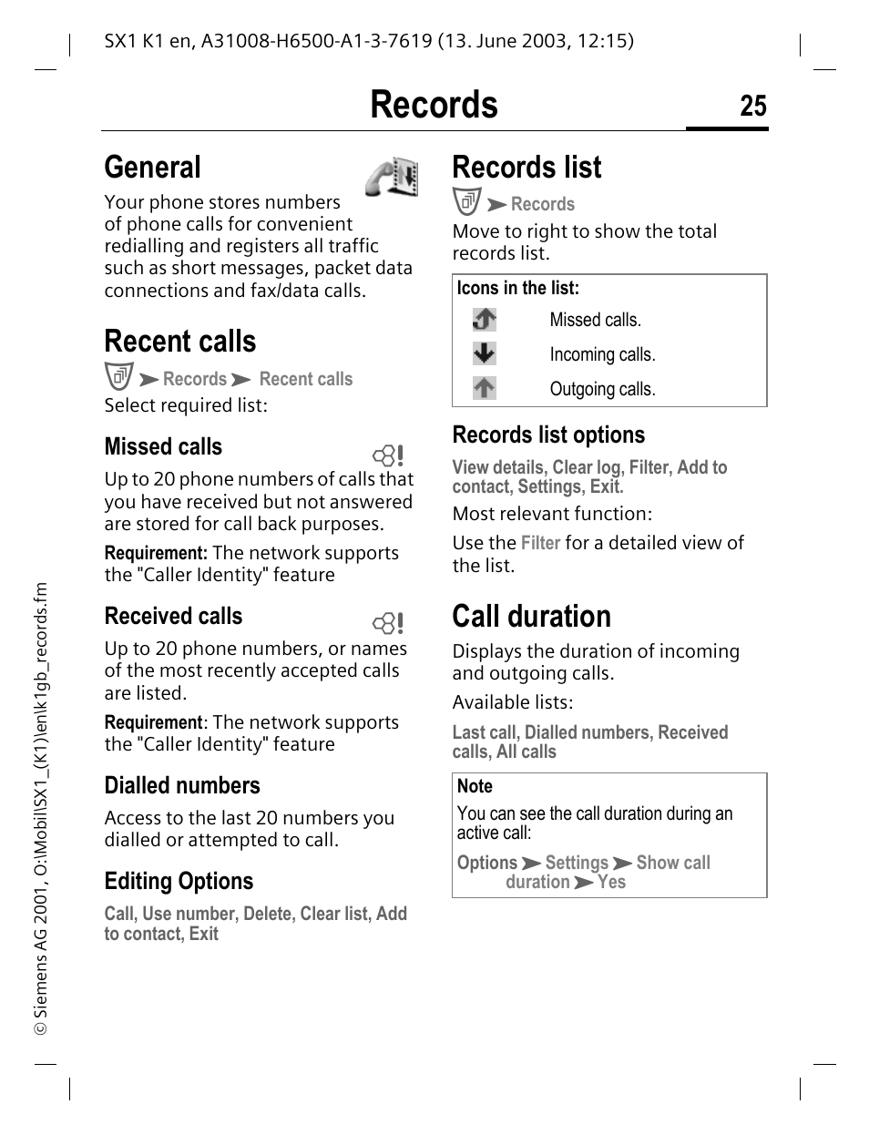 Records, Recent calls, Records list | Call duration, General | Siemens SX1 User Manual | Page 26 / 103