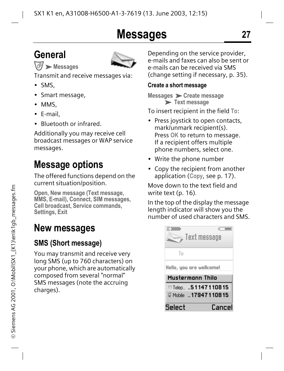 Messages, Message options, New messages | General | Siemens SX1 User Manual | Page 28 / 103