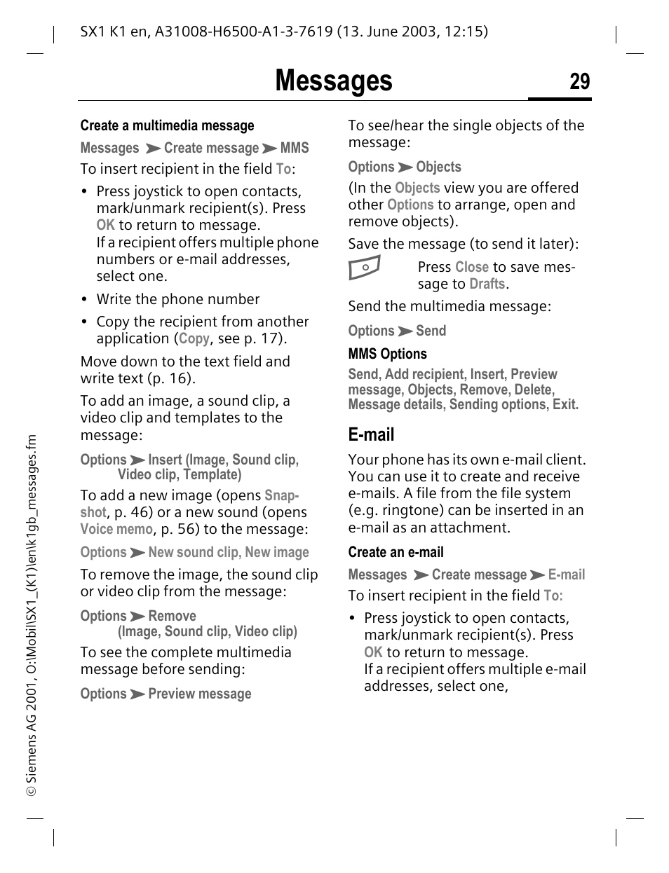 P. 29, Messages, E-mail | Siemens SX1 User Manual | Page 30 / 103