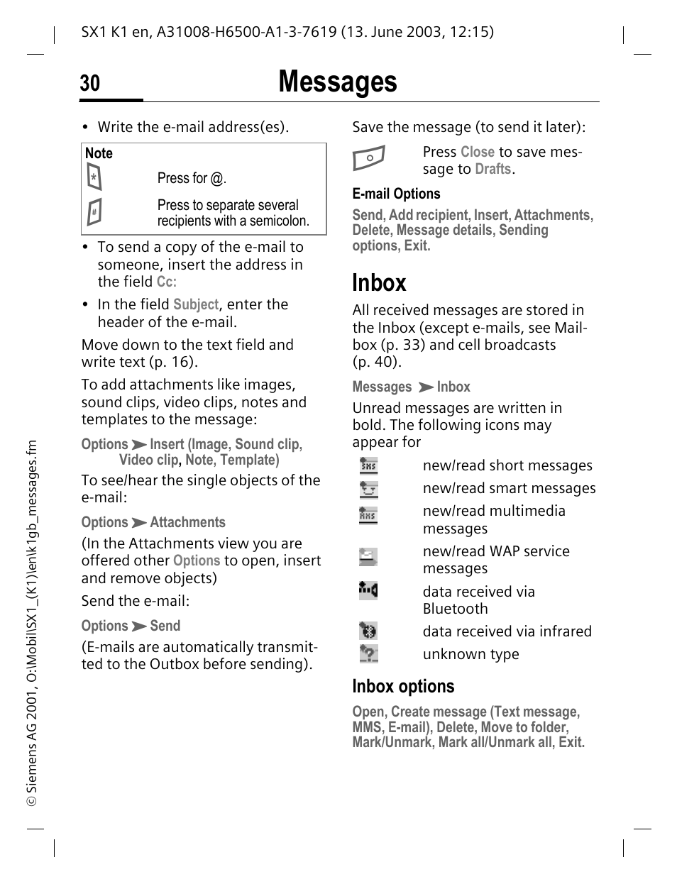 Inbox, Messages, Inbox options | Siemens SX1 User Manual | Page 31 / 103