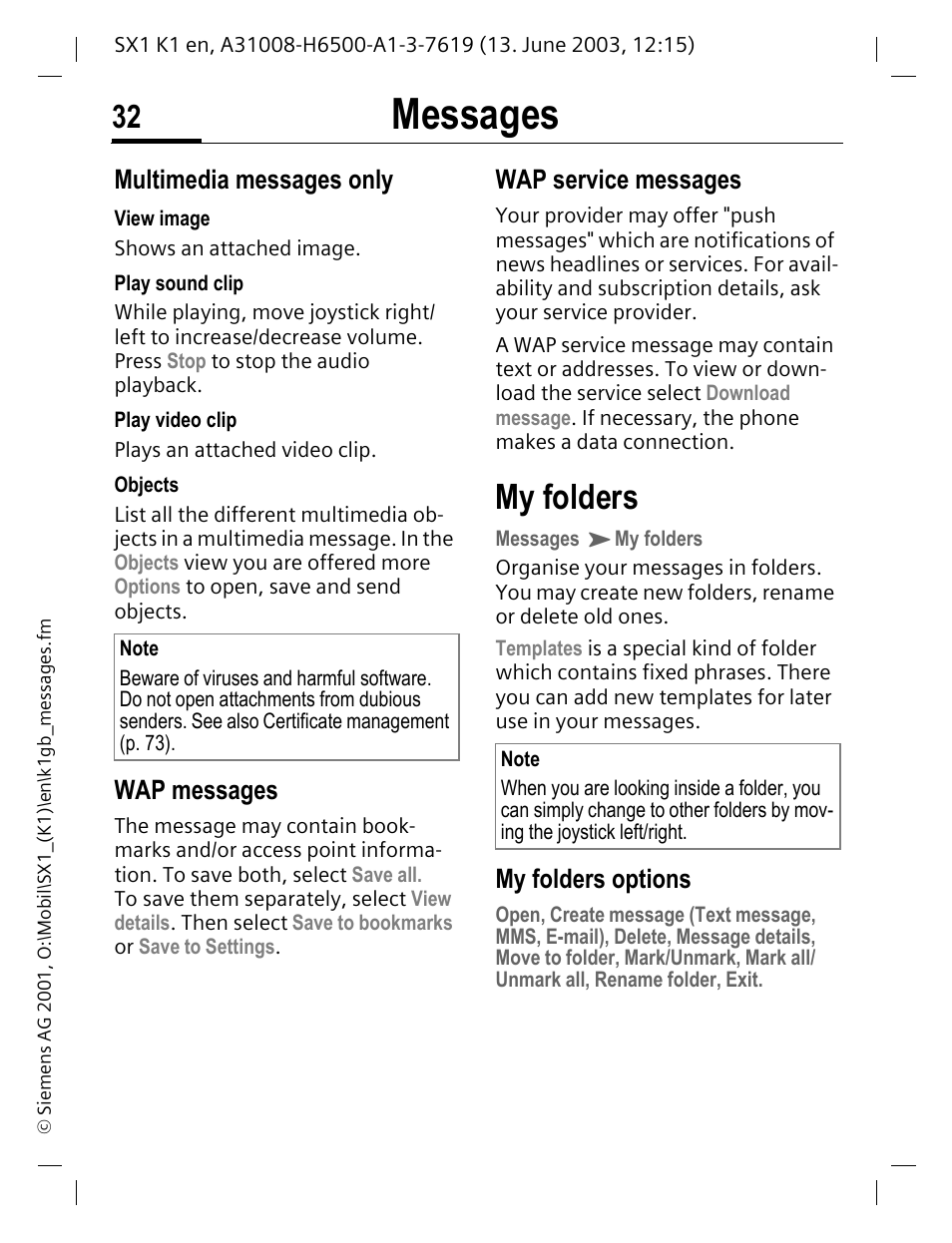 My folders, Messages, Multimedia messages only | Wap messages, Wap service messages, My folders options | Siemens SX1 User Manual | Page 33 / 103