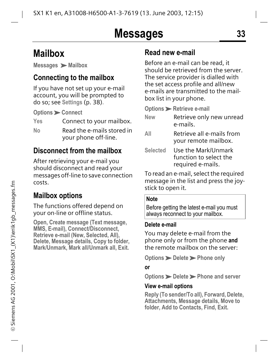 Mailbox, Messages, Connecting to the mailbox | Disconnect from the mailbox, Mailbox options, Read new e-mail | Siemens SX1 User Manual | Page 34 / 103