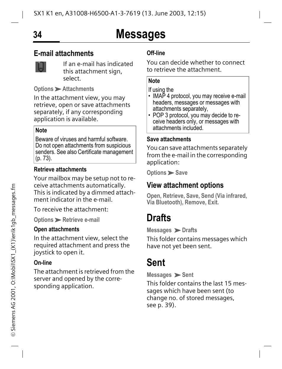 Drafts, Sent, Messages | E-mail attachments, View attachment options | Siemens SX1 User Manual | Page 35 / 103