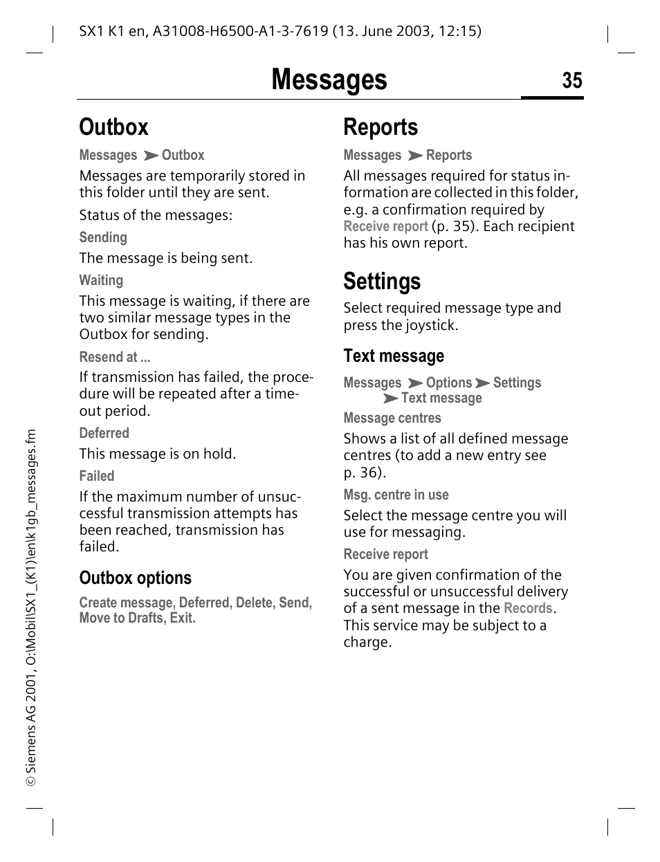 Outbox, Reports, Settings | Ons (p. 35), exit, Messages, Outbox options, Text message | Siemens SX1 User Manual | Page 36 / 103