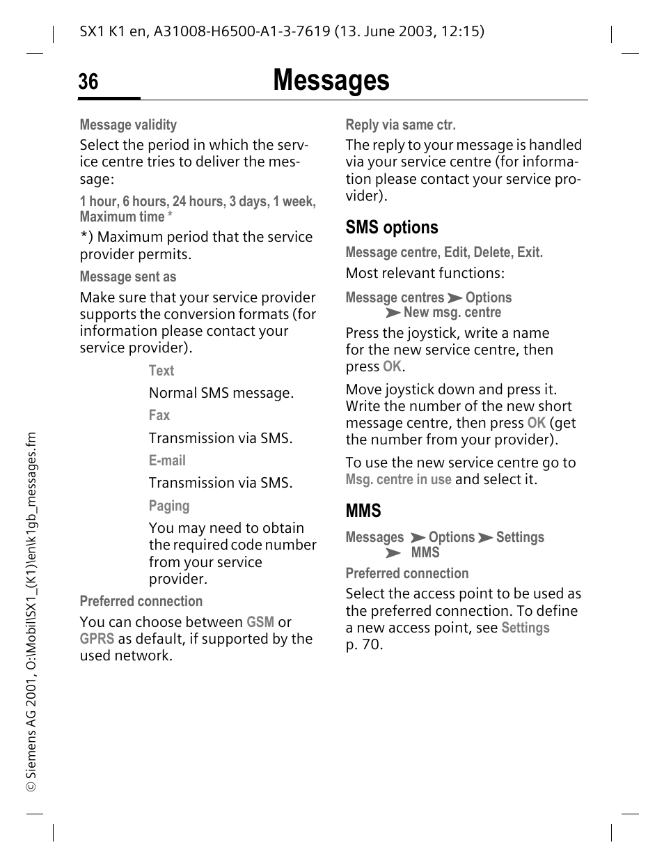 Messages, Sms options | Siemens SX1 User Manual | Page 37 / 103