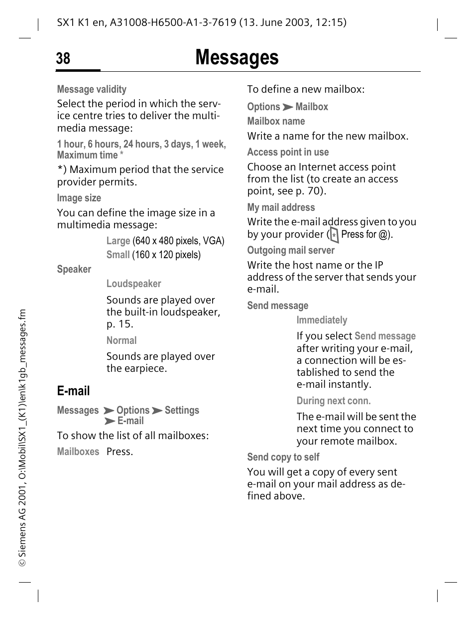 Messages, E-mail | Siemens SX1 User Manual | Page 39 / 103