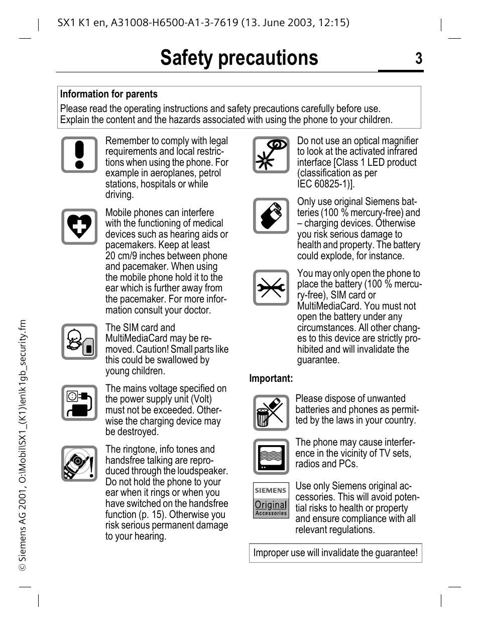 Safety precautions | Siemens SX1 User Manual | Page 4 / 103