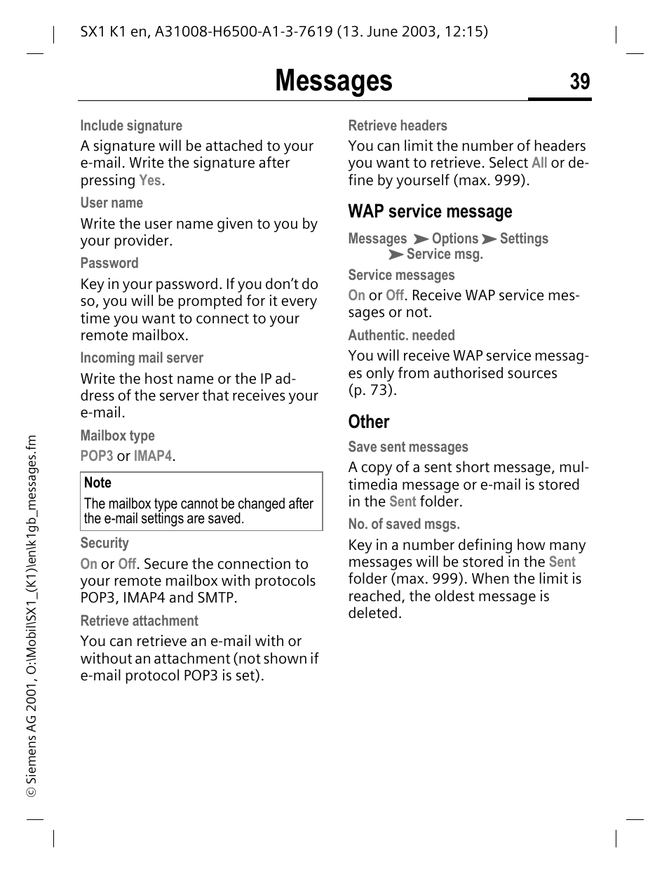 Messages, Wap service message, Other | Siemens SX1 User Manual | Page 40 / 103